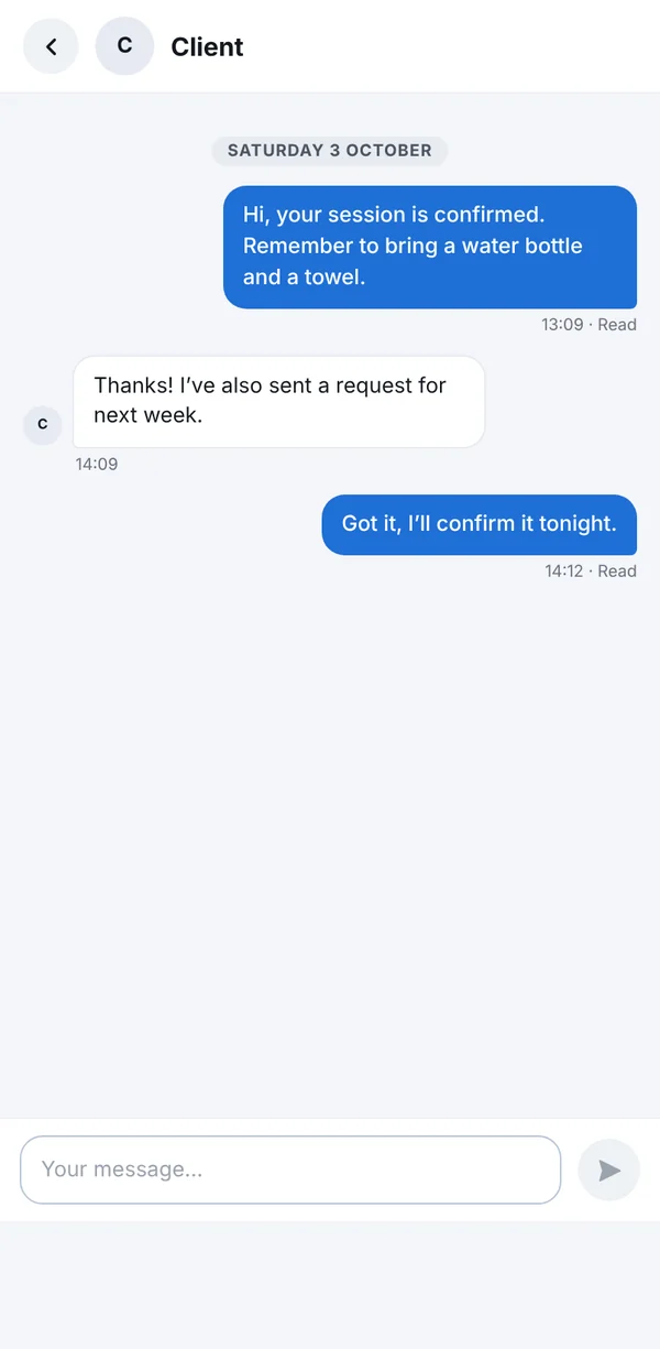 A conversation between the coach and a client in the messaging