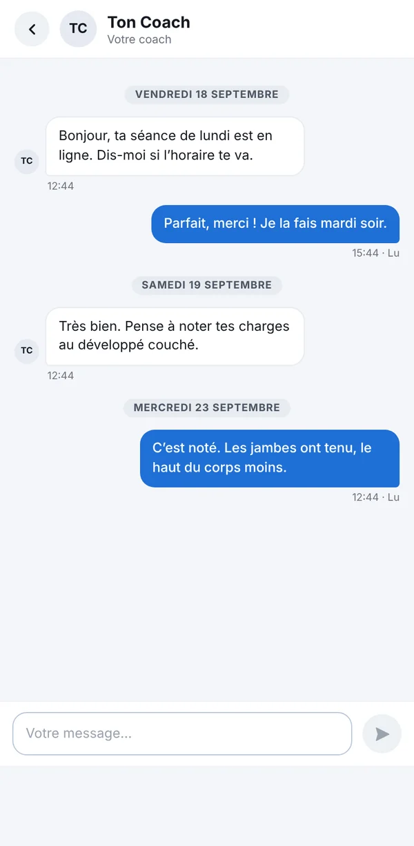 La messagerie côté client : il écrit à son coach