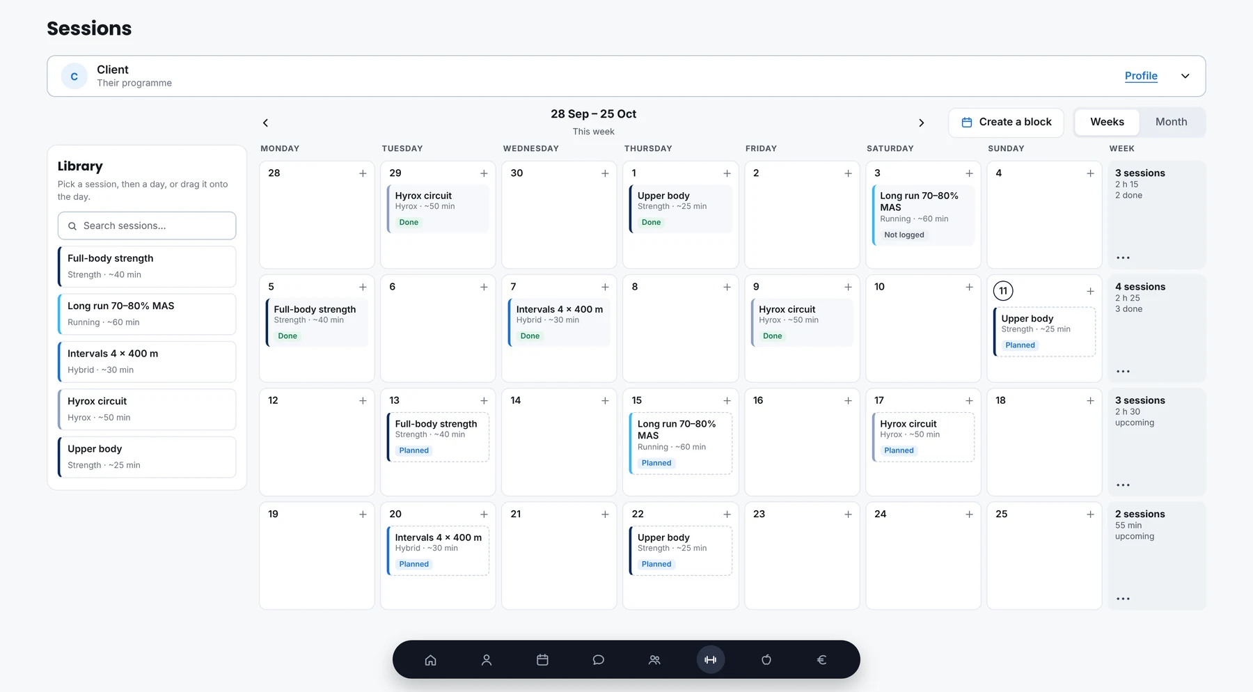 The sessions view on a computer, as a calendar
