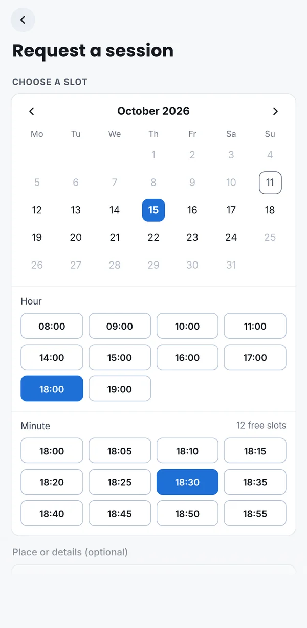 Requesting an in-person session: the client picks a slot within your working hours