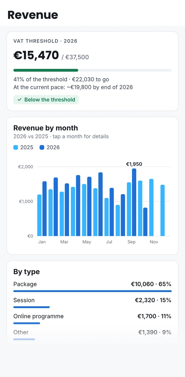 Revenue tracking: VAT threshold, revenue by month and by type